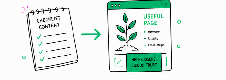 A checklist transforming into a useful page that answers questions and builds trust